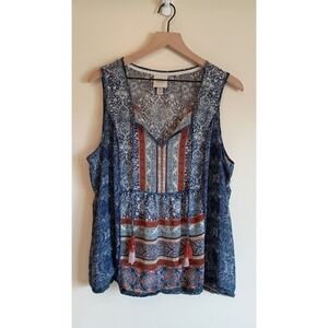 Knox Rose Bohemian Semi Sheer Tassel Blouse XL Blue Mixed Boho Print Flowy